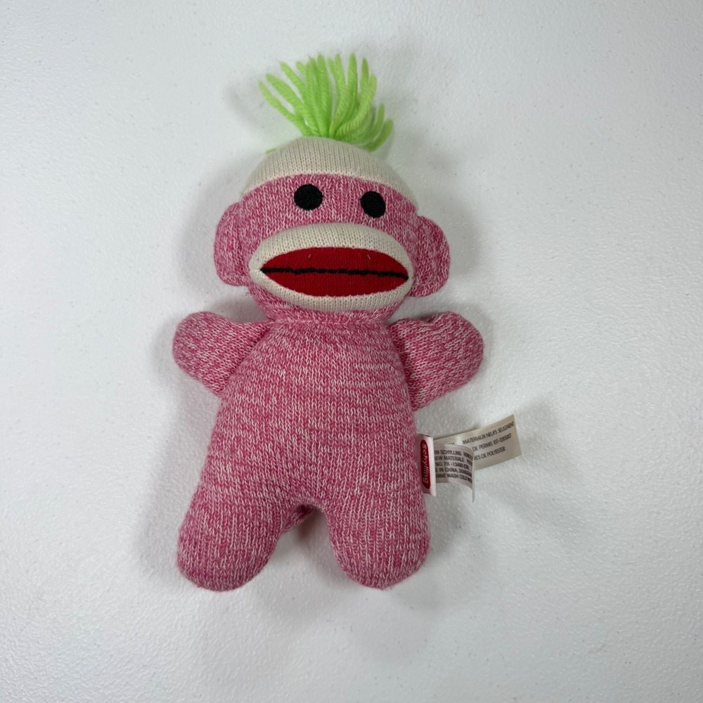 Schylling Sock Monkey Plush Unisex Small Pink Excellent Knit Stuffed Toy Small